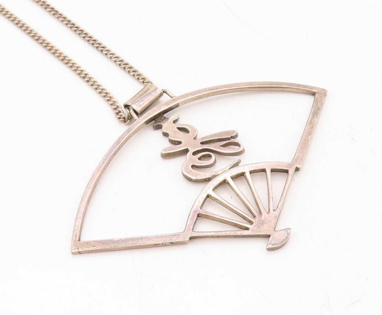 925 Sterling Silver Vintage Necklace Dark Tone Cutout Chinese Hand Fan  NE4386
