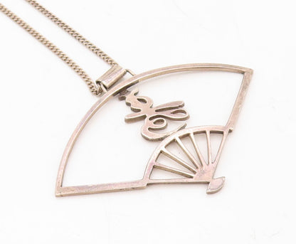 925 Sterling Silver Vintage Necklace Dark Tone Cutout Chinese Hand Fan  NE4386
