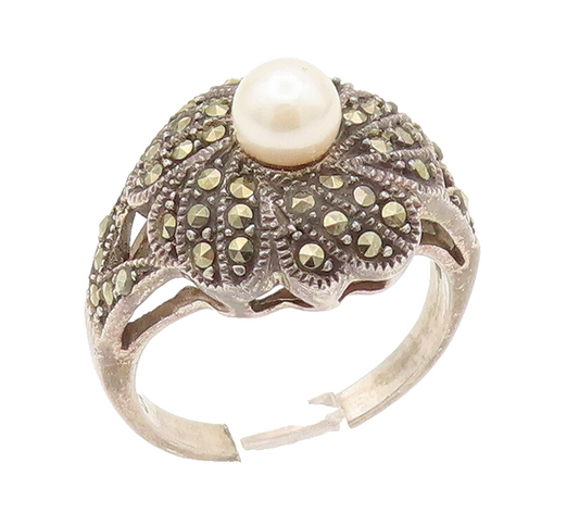 925 Sterling Silver Vintage Ring Marcasite Carved Flower With Pearl Sz 7 RG27912