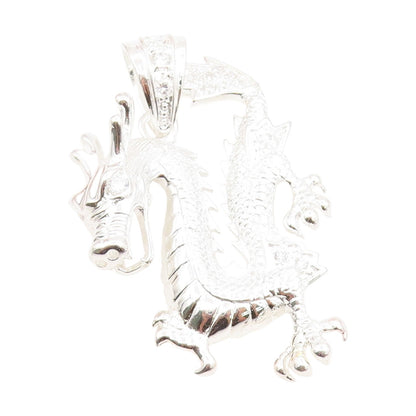 925 Sterling Silver Vintage Pendant Round CZ Textured Chinese Dragon  PT25425