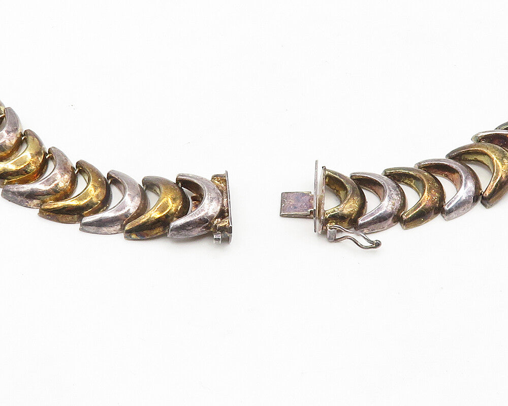 925 Sterling Silver  Vintage Two Tone Crescent Link Chain Necklace  NE3092