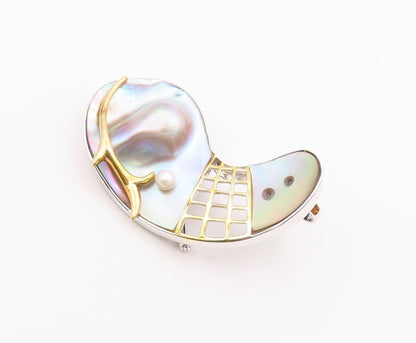 925 Silver  Vintage Two Tone Modernist MOP & Cultured Pearl Brooch Pin  BP9912