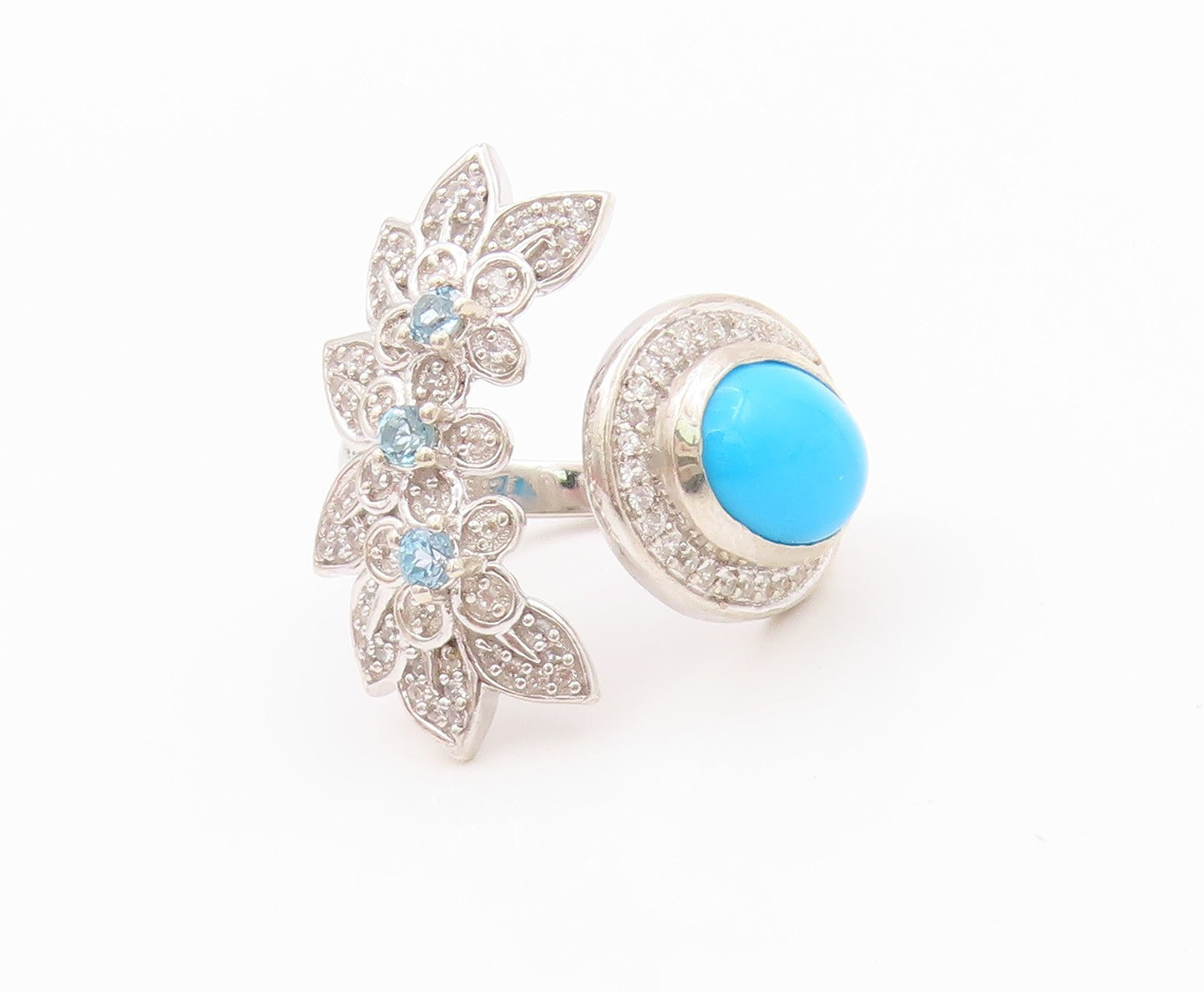 925 Sterling Silver Vintage Ring Designer Larimar & CZ Floral Cut  Sz 6  RG32499