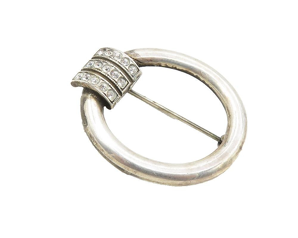 925 Sterling Silver  Vintage Cubic Zirconia Open Circle Brooch Pin  BP3605