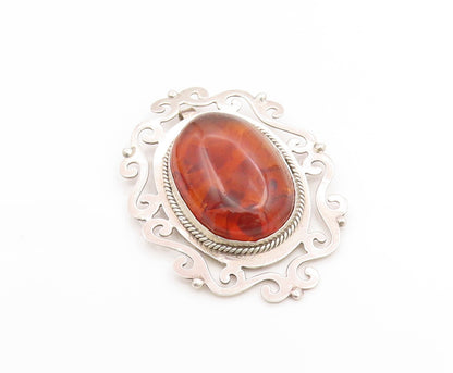 925 Sterling Silver Vintage Brooch Large Cabochon Honey Amber Scroll Pin BP12278