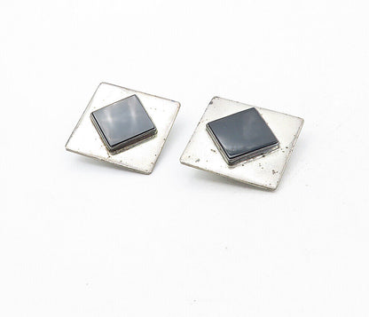 925 Sterling Silver  Vintage Black Onyx Square Non Pierce Earrings  EG4297