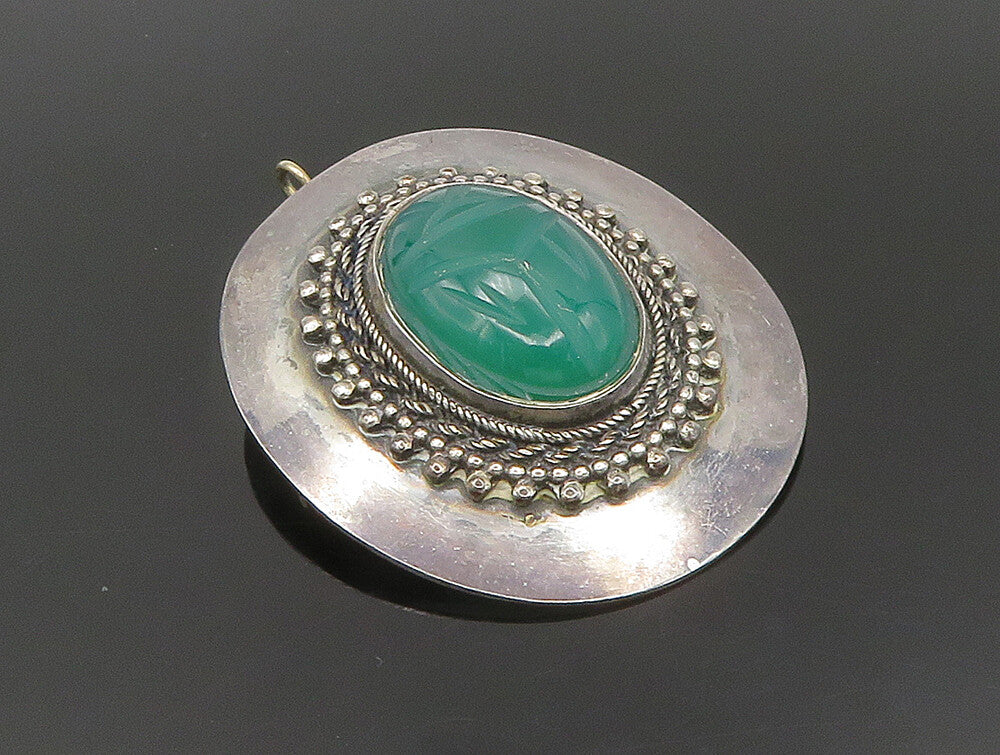 925 Sterling Silver  Vintage Etched Green Carnelian Beaded Brooch Pin  BP9499