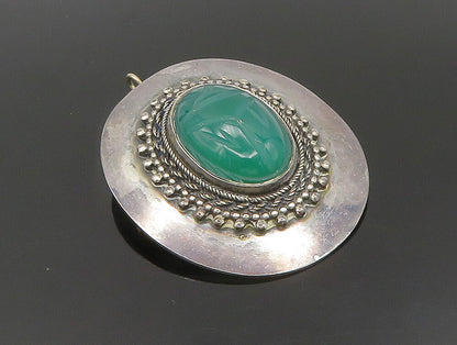 925 Sterling Silver  Vintage Etched Green Carnelian Beaded Brooch Pin  BP9499
