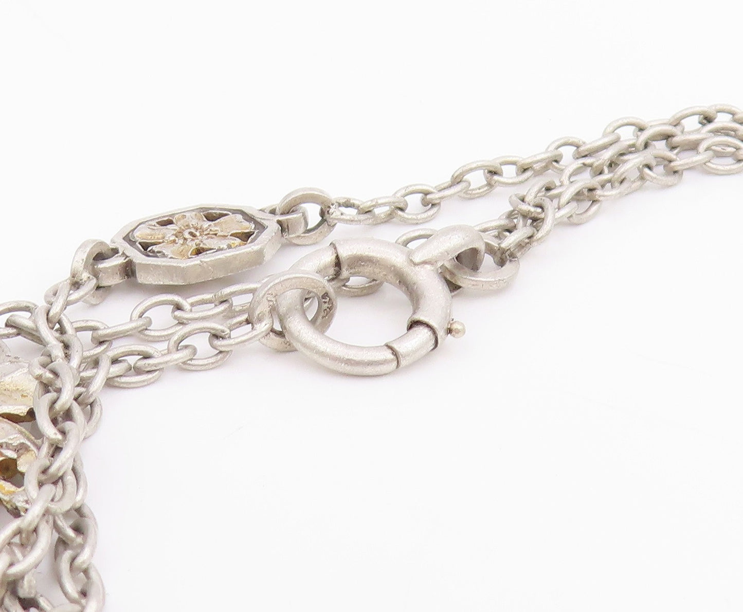 925 Sterling Silver Vintage Necklace Antique Floral Leaf Motif Long Chain NE4795
