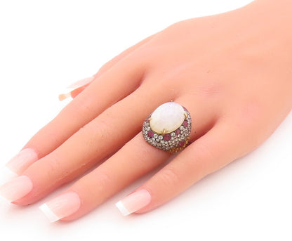 925 Sterling Silver Vintage Ring Gold Plated Cabochon Gemstones  Sz 6.5  RG29346
