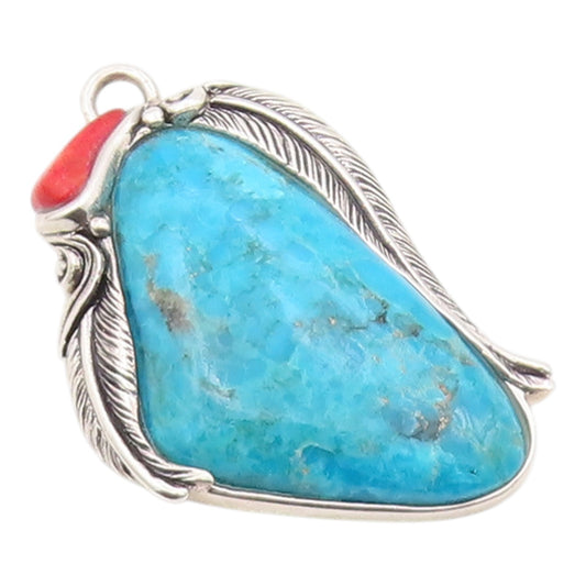 925 Sterling Silver Vintage Pendant Turquoise & Coral Etched Feather  PT26350
