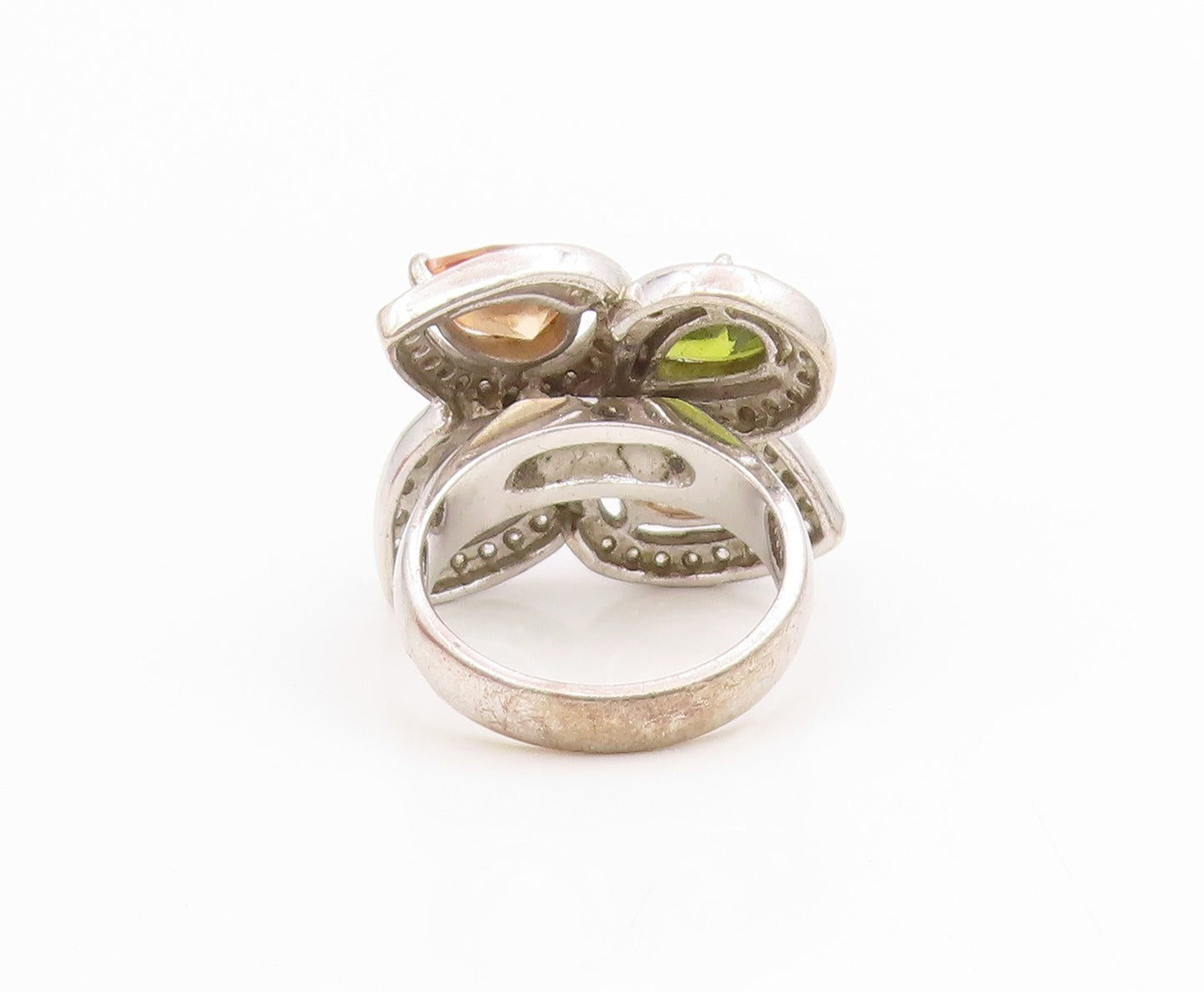 925 Sterling Silver Vintage Ring Pear Cut Gemstone Floral Band  Sz 7  RG34422