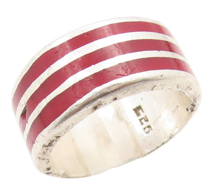 925 Sterling Silver Vintage Ring Red Enameled Wide Stripes Band  Sz 7  RG36092