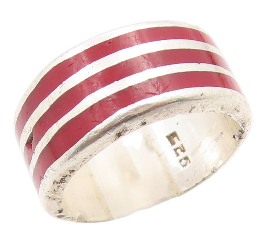 925 Sterling Silver Vintage Ring Red Enameled Wide Stripes Band  Sz 7  RG36092