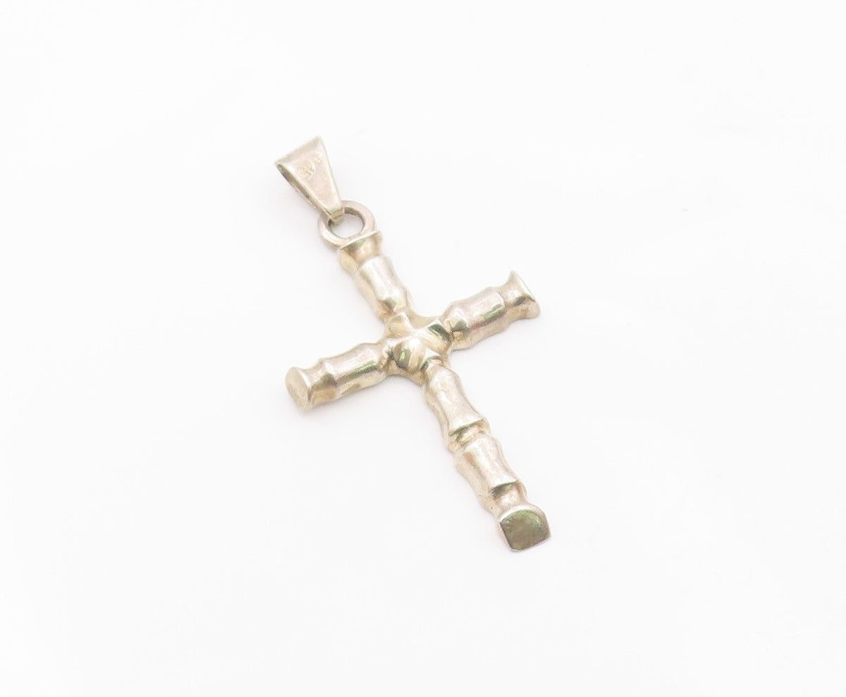 925 Sterling Silver  Vintage Shiny Bamboo Religious Cross Pendant  PT19291