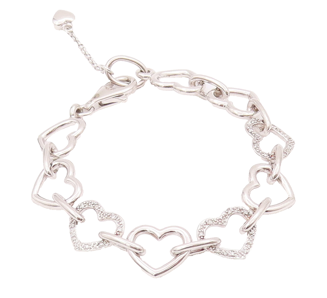 925 Sterling Silver Vintage Bracelet Cutout Real Diamonds Linked Hearts  BT10379