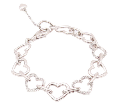 925 Sterling Silver Vintage Bracelet Cutout Real Diamonds Linked Hearts  BT10379
