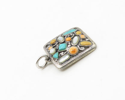 925 Sterling Silver Vintage Turquoise Mother Of Pearl & Jasper Pendant PT13558