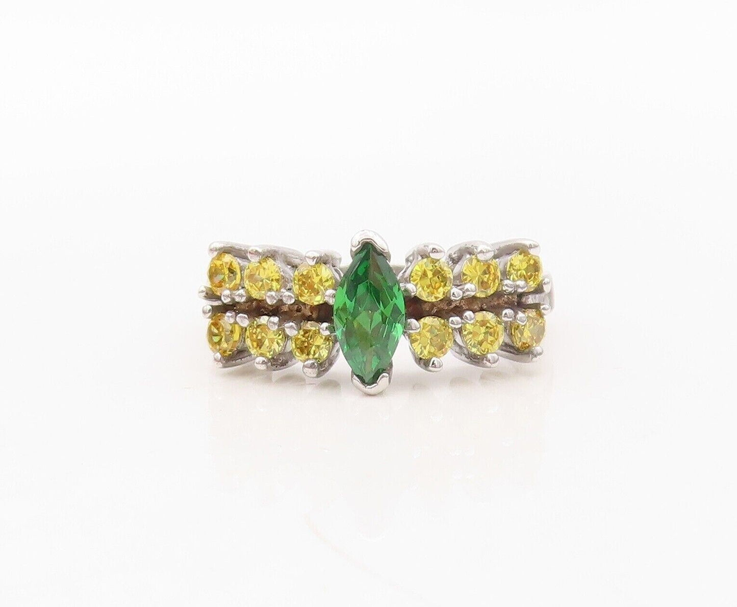 925 Sterling Silver Vintage Ring Split Citrine Band & Green Topaz  Sz 8  RG30223