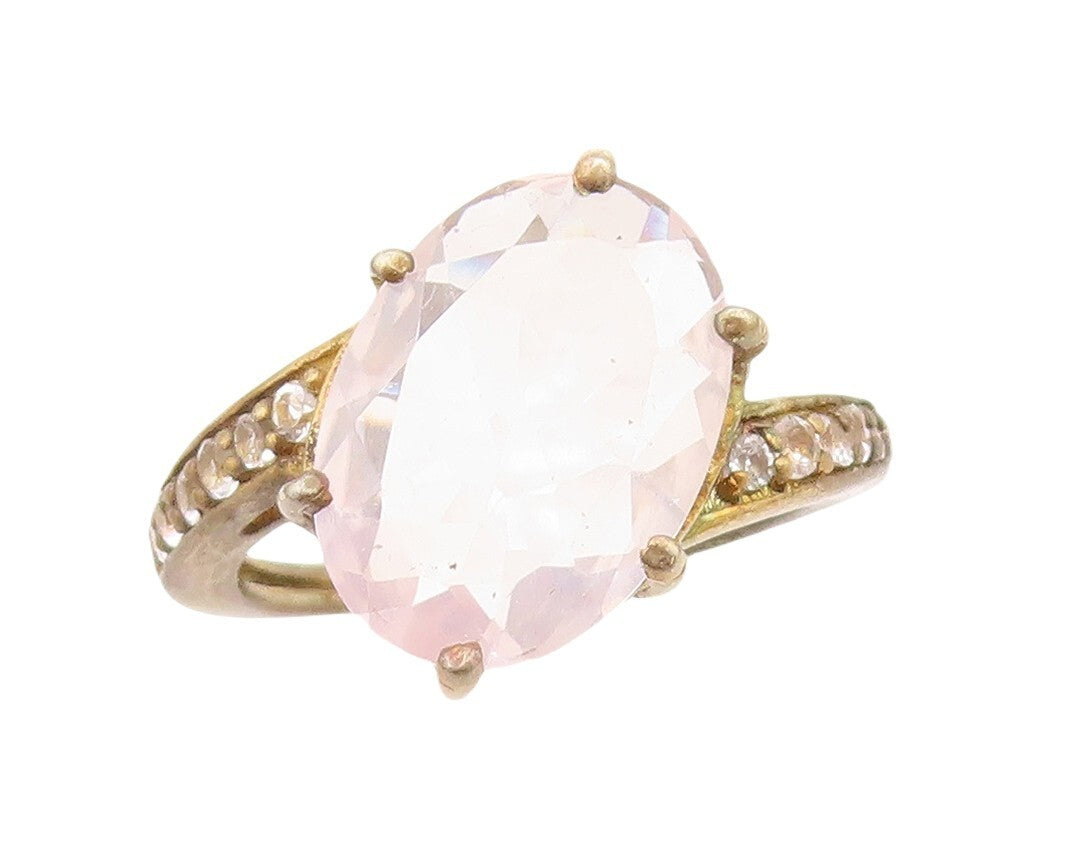 925 Sterling Silver Vintage Ring Gold Plated Pink Gemstone & Topaz  Sz 7 RG30334