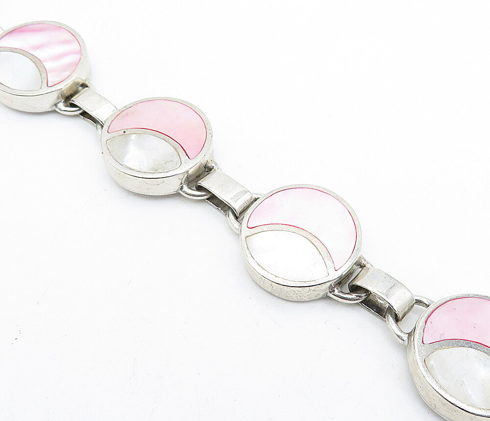 SOUL TOWER 925 Silver  Vintage Inlaid Mother Of Pearl Chain Bracelet  BT1505