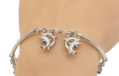 925 Sterling Silver  Polished Dolphin Charmed Bar Link Chain Bracelet  BT3322