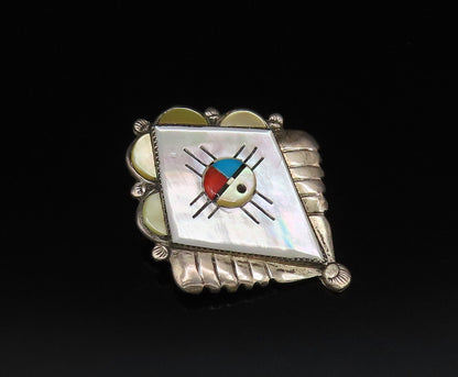 ZUNI NAVAJO 925 Silver  Vintage Mother Of Pearl & Stones Brooch Pin  BP10043