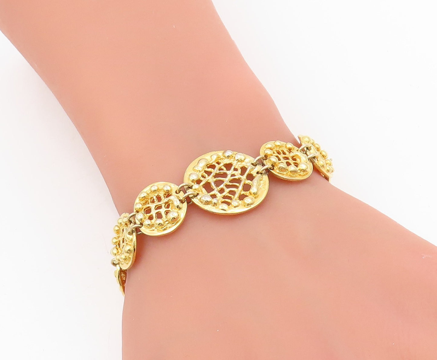 925 Sterling Silver Vintage Bracelet Gold Plated Round Cutout Medallion  BT11529