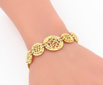 925 Sterling Silver Vintage Bracelet Gold Plated Round Cutout Medallion  BT11529