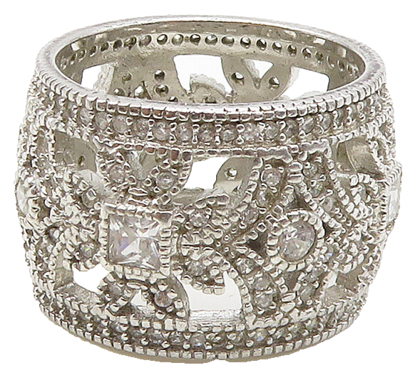 925 Sterling Silver  Sparkling Cubic Zirconia Floral Band Ring Sz 7  RG16355