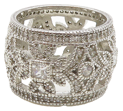 925 Sterling Silver  Sparkling Cubic Zirconia Floral Band Ring Sz 7  RG16355