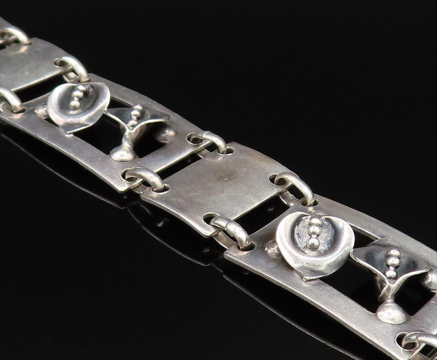 925 Sterling Silver Vintage 3D Flowers Hammered Rectangle Link Bracelet BT9593