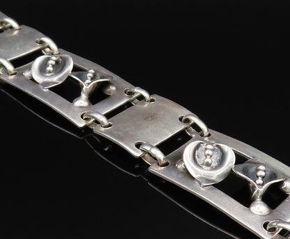 925 Sterling Silver Vintage 3D Flowers Hammered Rectangle Link Bracelet BT9593