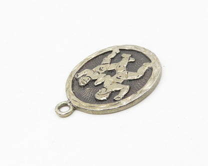 MEXICO 925 Silver  Vintage Dark Tone Chiseled Figures Round Pendant  PT14112