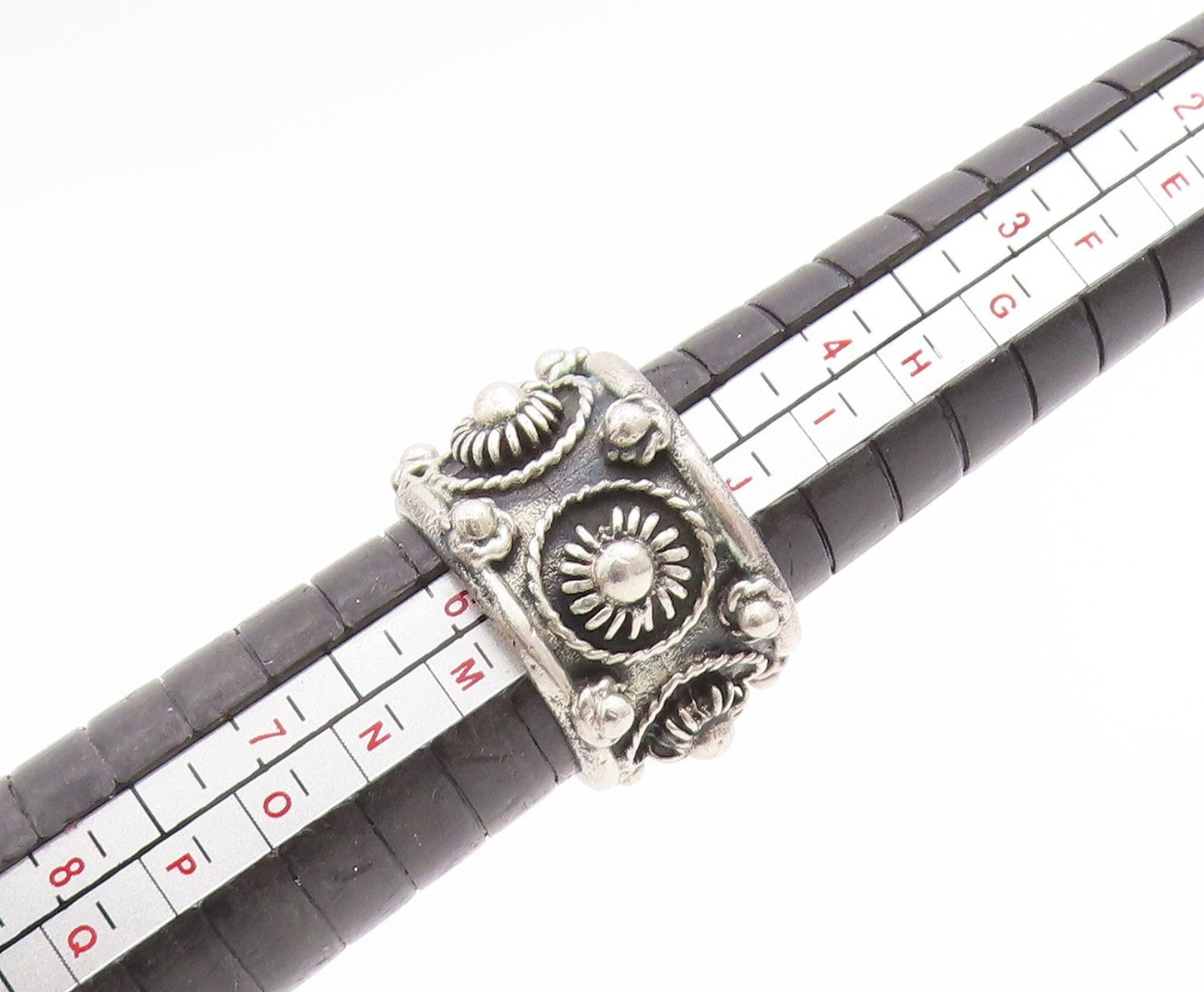 925 Sterling Silver Vintage Ring Beaded Floral Motif Wide Band  Sz 5  RG33769