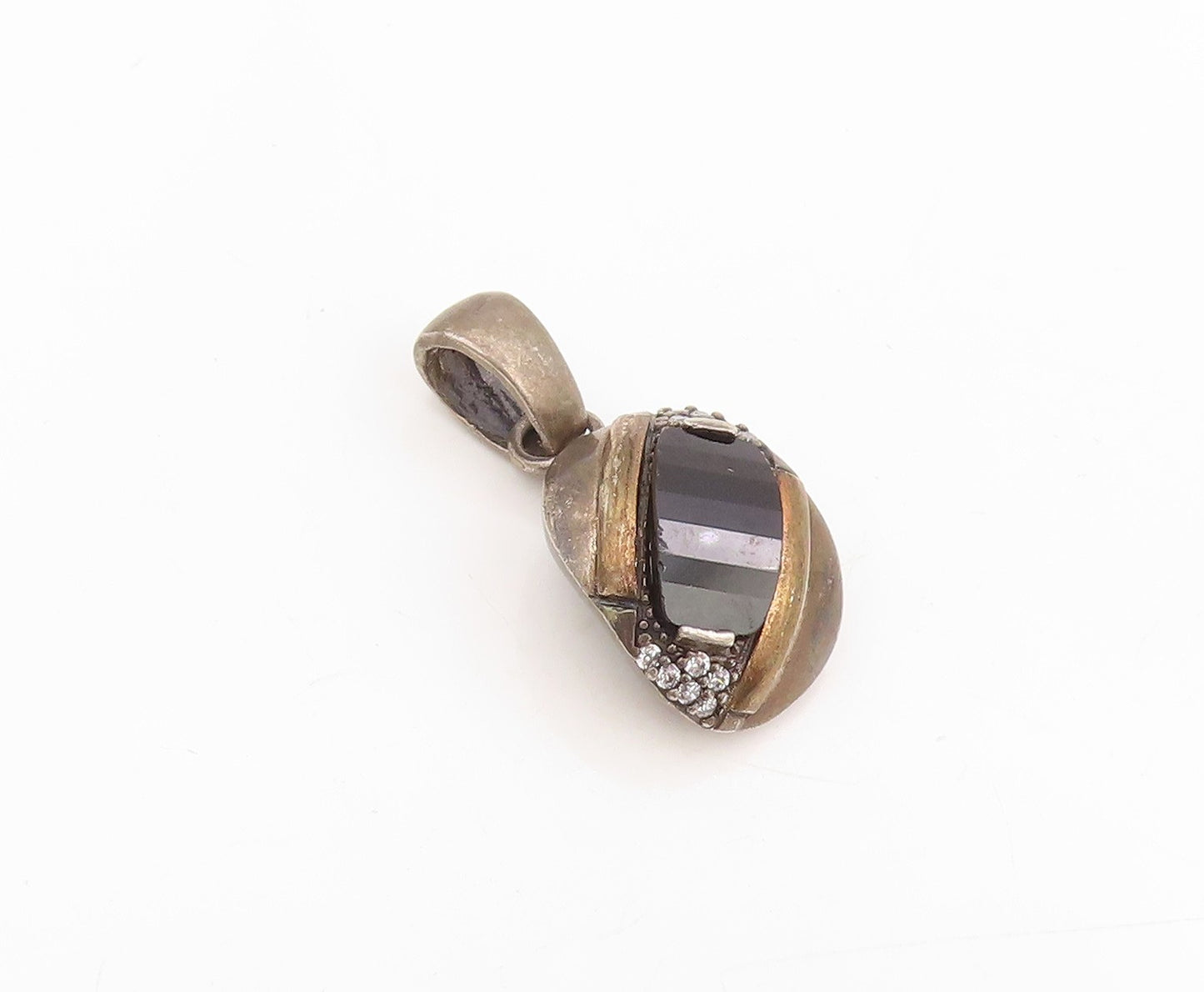 10k Gold & 925 Sterling Silver Vintage Pendant Black Onyx & CZ Charm  PT25401