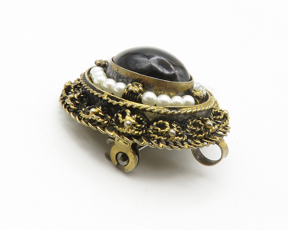 ISRAEL 925 Silver  Vintage Tiger's Eye & Petite Pearls Twist Brooch Pin BP5458