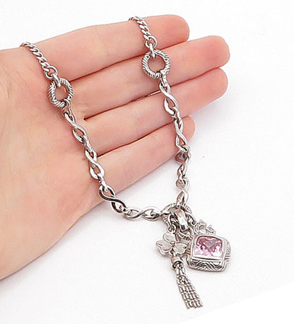 925 Sterling Silver Pink Cubic Zirconia Clover Charmed Chain Necklace NE1136