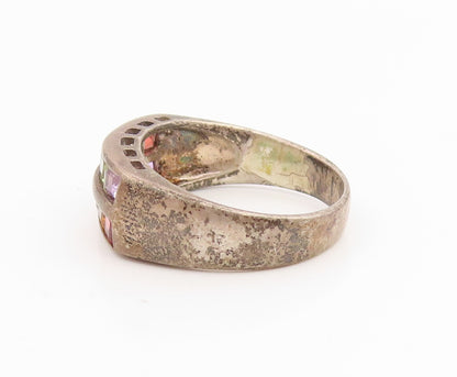 925 Sterling Silver Vintage Ring Multi Gemstone Geometric Band  Sz 8  RG35347