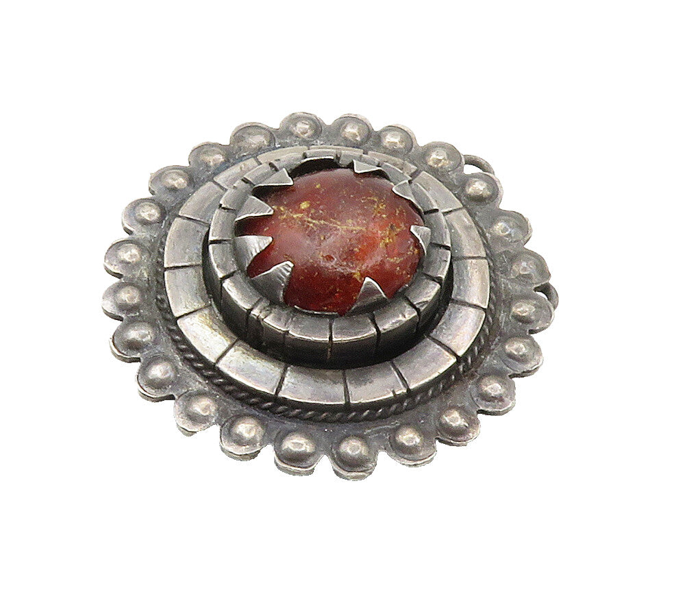 925 Sterling Silver  Vintage Antique Amber Dark Tone Round Brooch Pin  BP6063