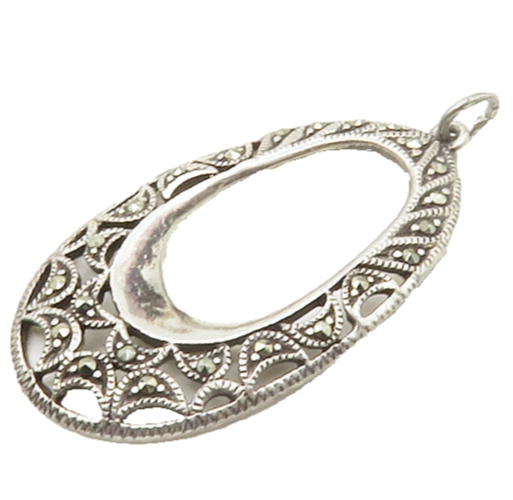 925 Sterling Silver  Vintage Sparkling Marcasite Open Oval Pendant  PT13578