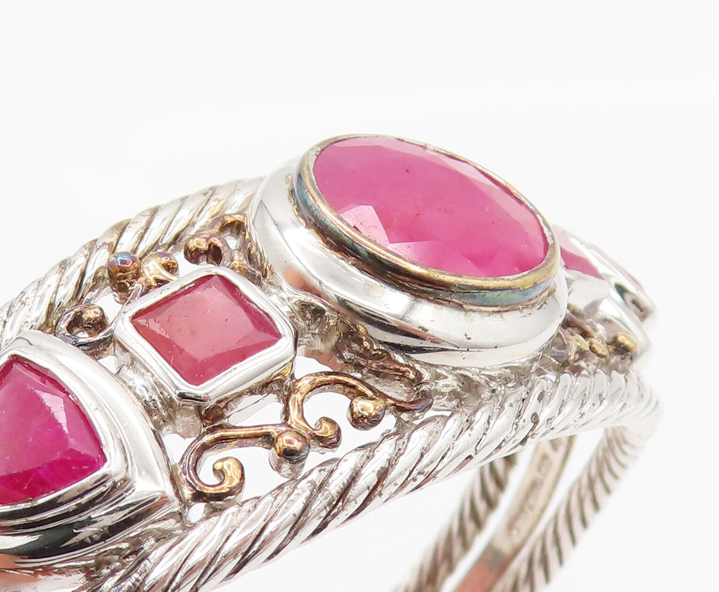 925 Silver  Vintage Two Tone Multi Shape Ruby Openwork Cuff Bracelet  BT9782