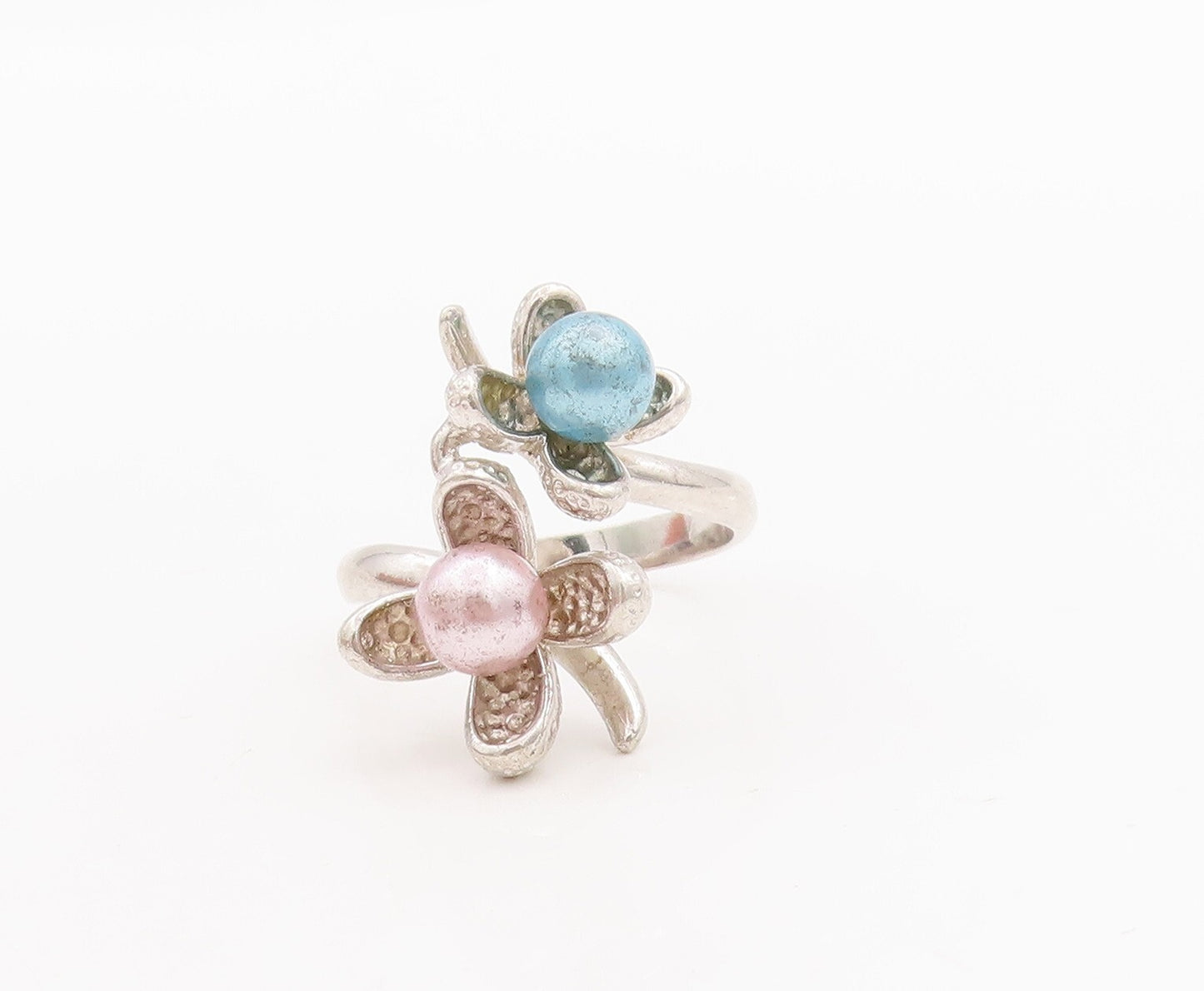 925 Sterling Silver Vintage Ring Blue & Pink Pearl Beaded Flowers  Sz 9  RG28981