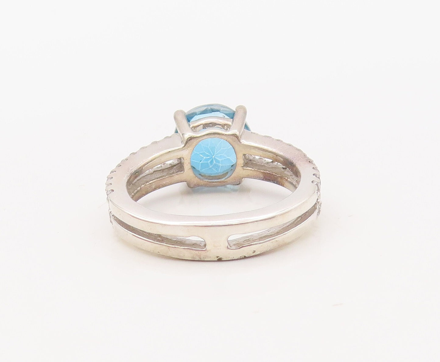 925 Sterling Silver Vintage Ring Round Cut Sapphire & CZ Inlay  Sz 7  RG30653