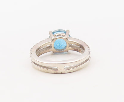 925 Sterling Silver Vintage Ring Round Cut Sapphire & CZ Inlay  Sz 7  RG30653