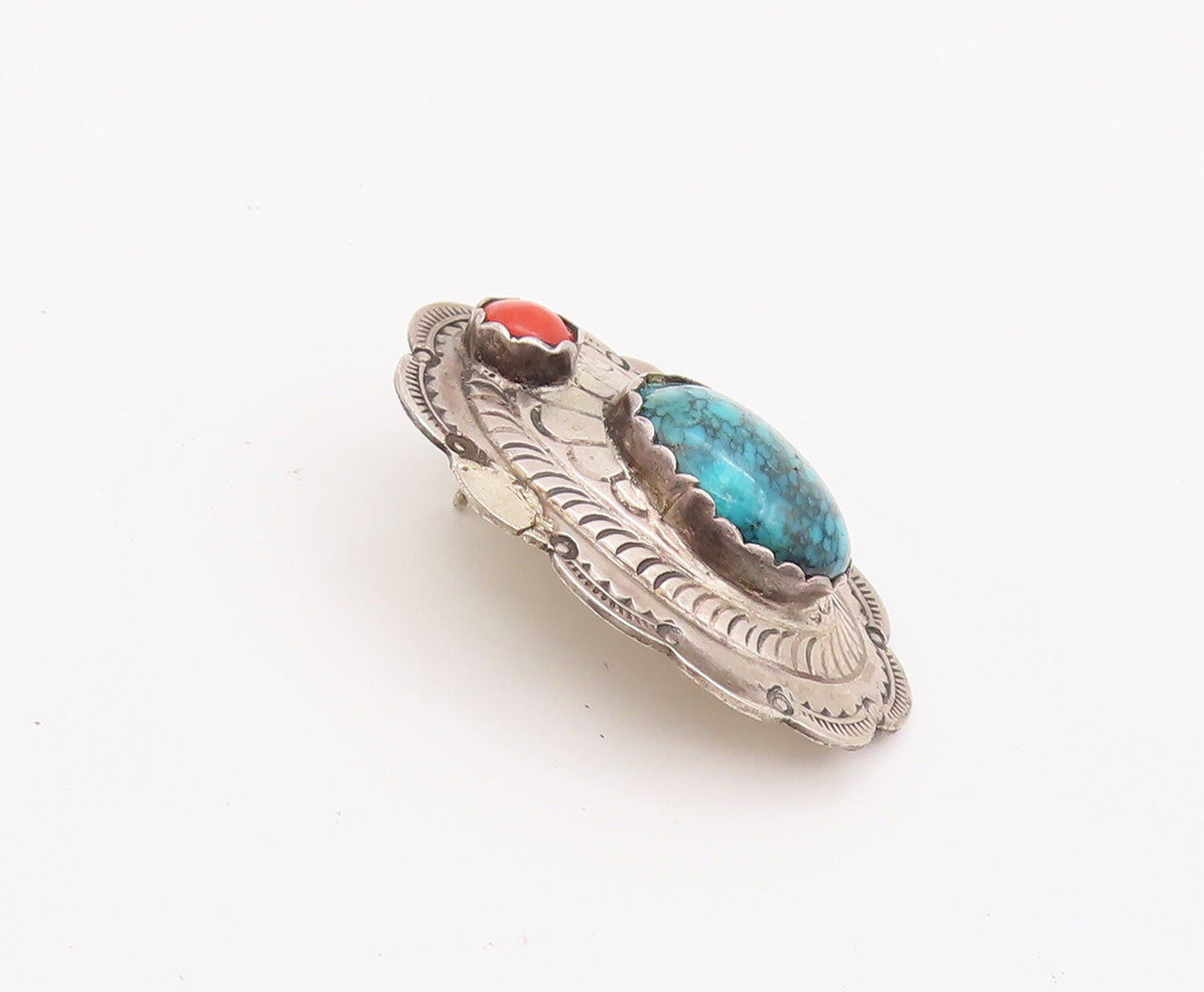 925 Sterling Silver Earrings NAVAJO Turquoise & Carnelian Swirly Etched  EG12847