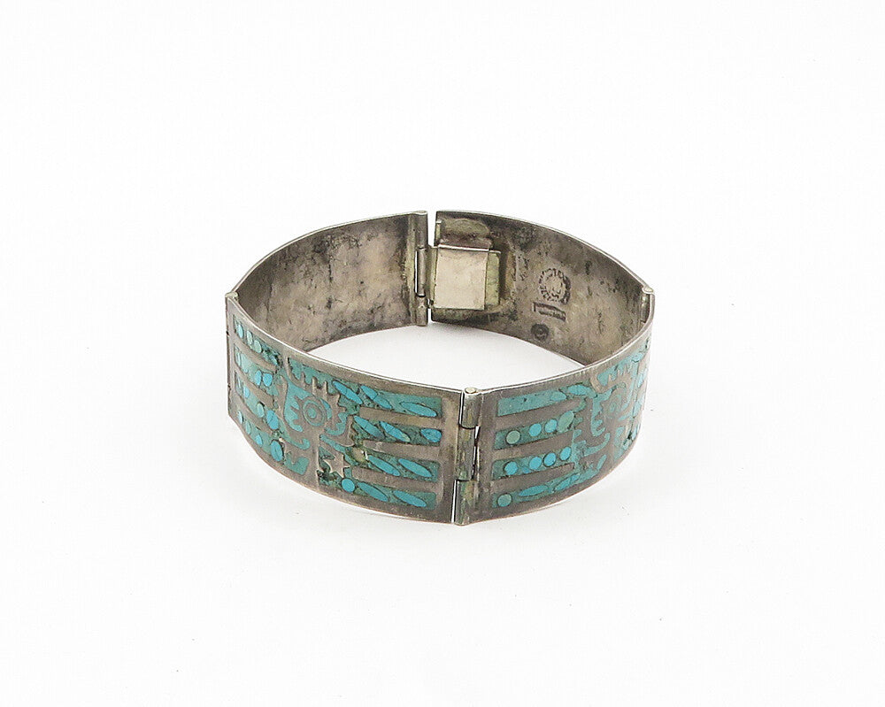 MEXICO 925 Silver  Vintage Antique Turquoise Panel Chain Bracelet  BT7509