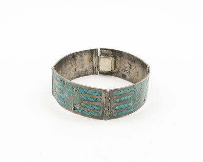 MEXICO 925 Silver  Vintage Antique Turquoise Panel Chain Bracelet  BT7509