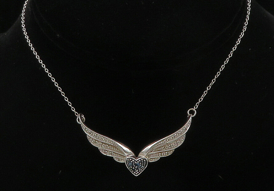 925 Sterling Silver  Genuine Blue & White Diamonds Heart Chain Necklace NE2523