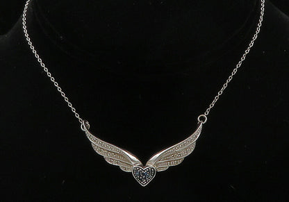 925 Sterling Silver  Genuine Blue & White Diamonds Heart Chain Necklace NE2523